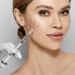 Lifting lines on a woman's face showing of skin tightening and face contour correction with beauty injections in cosmetology