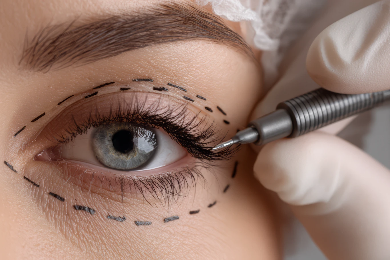 eye with surgical markings for blepharoplasty eyelid surgery
